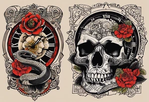 a skull and a writing that says momento morí and a clock inside the skull with a venomous snake around the whole design tattoo idea