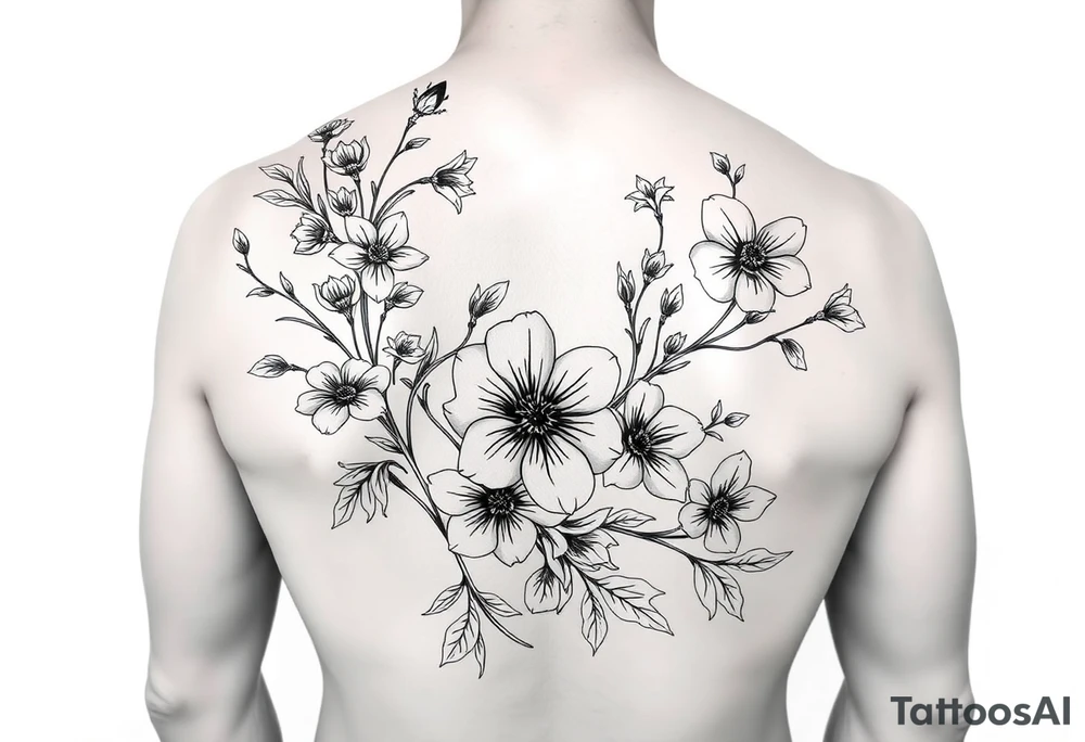 Full sleeve tattoo design of larkspur and hawthorn flowers, highly detailed line art, black ink, elegant botanical style, intertwined composition, no shading, no human mock-up, clean stencil style suitable for tattooing, fit fully within boundaries. LINE ART ONLY, REMOVE HUMAN, NO SKIN tattoo idea
