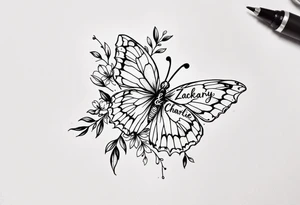 flowers, butterfly with name Zackary and Charlie tattoo idea