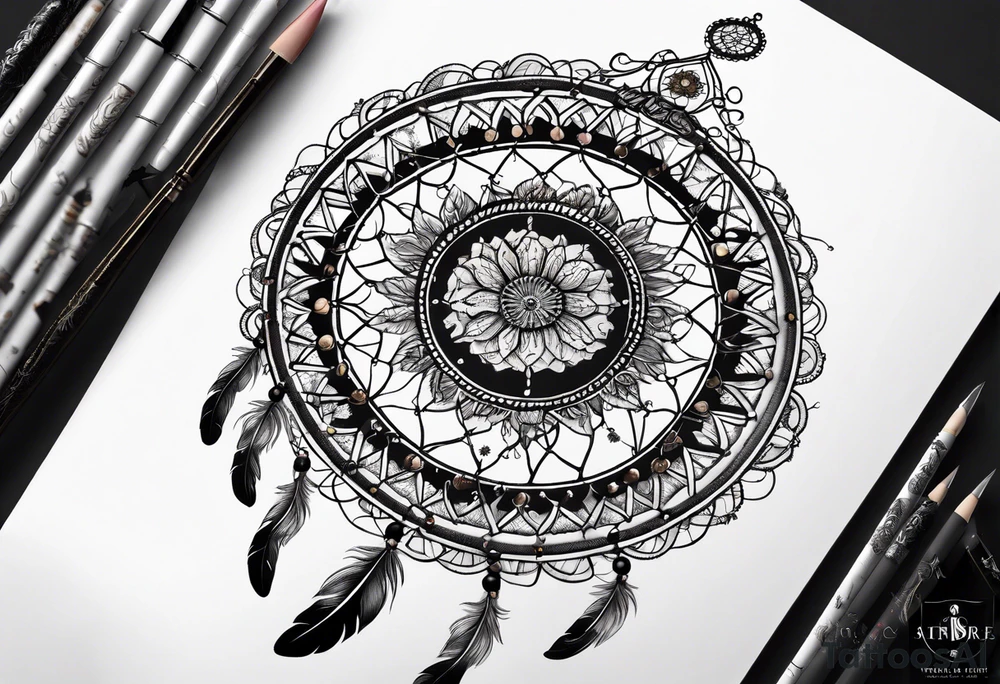 large dream catcher with the scorpio zodiac in the center queen Ann's lace flowers hanging from the bottom tattoo idea