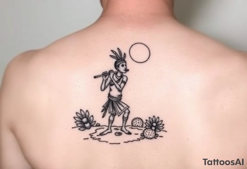 Kokopelli playing flute in desert scene in front of a cactus with sun in the air tattoo idea