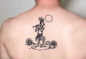 Kokopelli playing flute in desert scene in front of a cactus with sun in the air tattoo idea