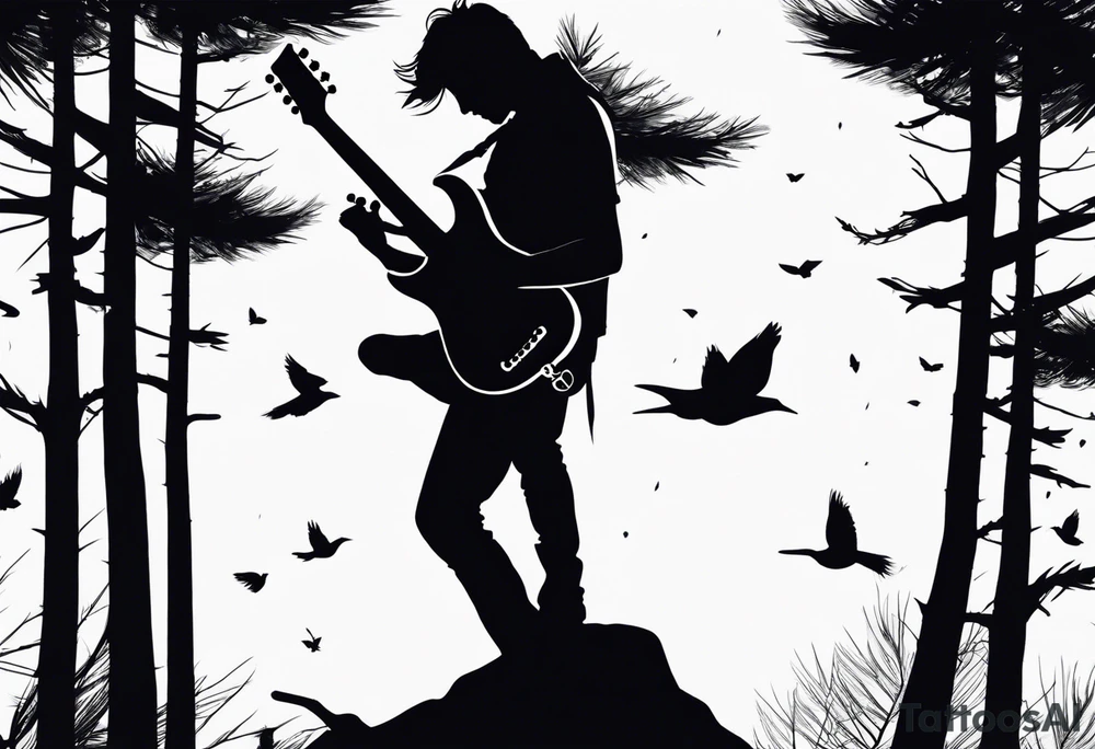 silhouette of a man playing electric guitar while sitting in a pine tree. super simple sketch tattoo idea