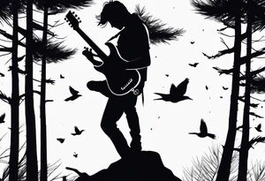 silhouette of a man playing electric guitar while sitting in a pine tree. super simple sketch tattoo idea