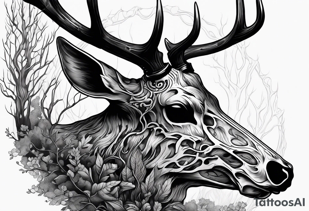 A side view of a decayed deer skull NO SKIN JUST BONE surrounded by trees and FLAMES in background tattoo idea
