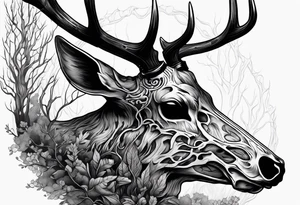 A side view of a decayed deer skull NO SKIN JUST BONE surrounded by trees and FLAMES in background tattoo idea