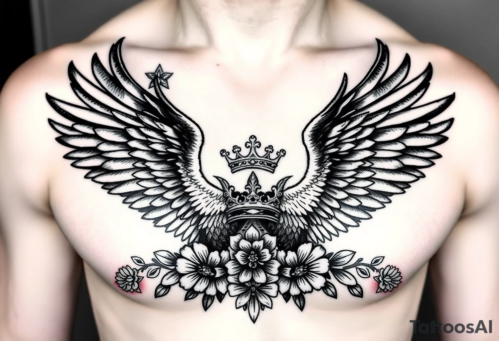 Chest tattoo,powerful two symetrical majestic eagles with a crowns, surrounded by floral ornaments and lure, between eagles a crown tattoo idea