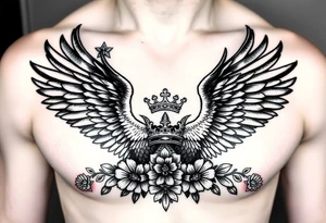 Chest tattoo,powerful two symetrical majestic eagles with a crowns, surrounded by floral ornaments and lure, between eagles a crown tattoo idea