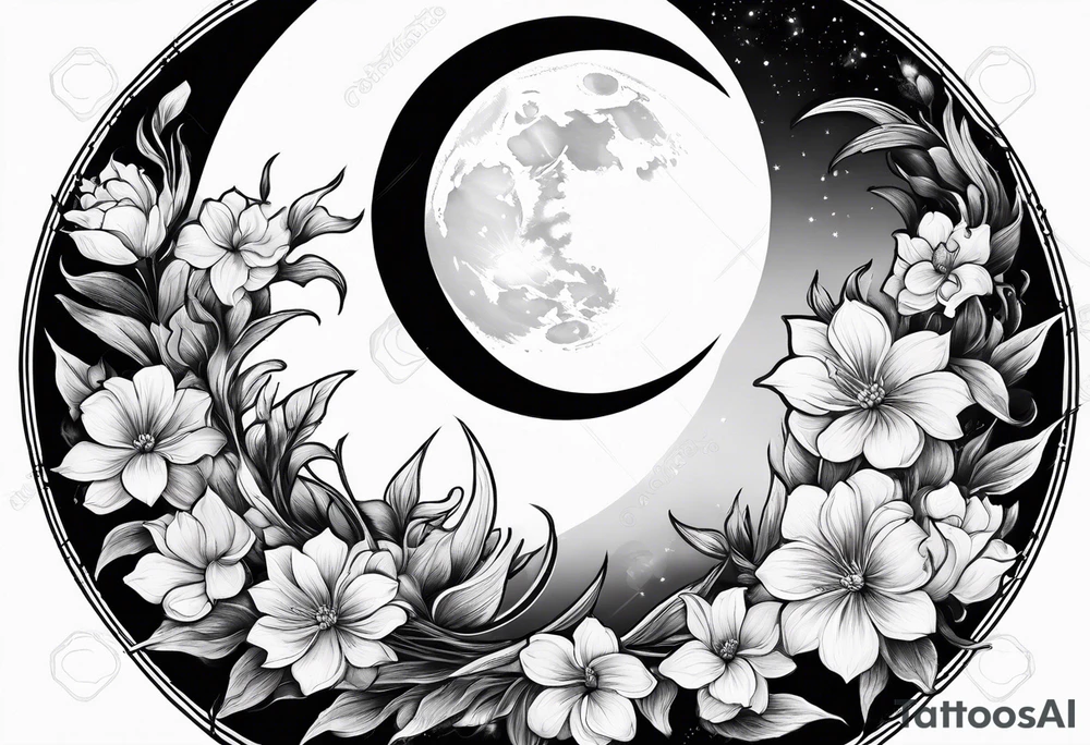 Crescent moon shrouded by beautiful flowers with wisps of mist tattoo idea