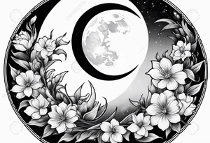 Crescent moon shrouded by beautiful flowers with wisps of mist tattoo idea