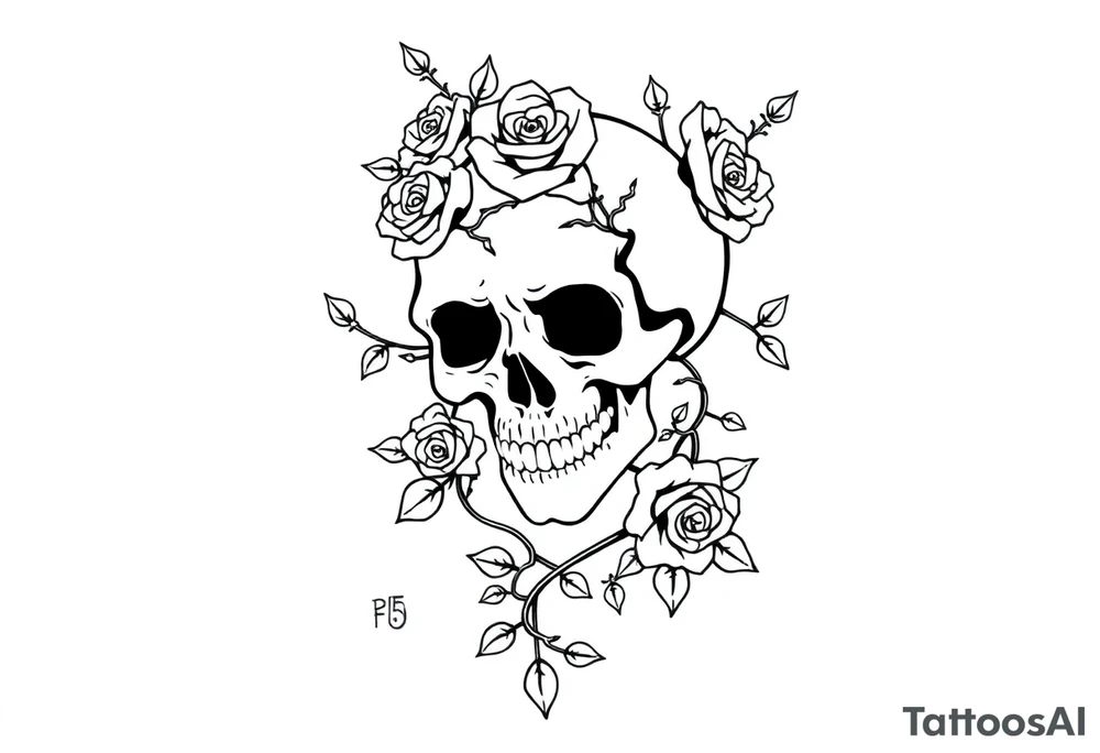 gothic skull intertwined with climbing roses and thorny vines simple tattoo idea