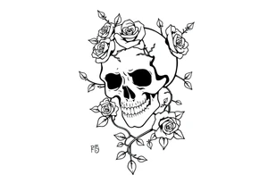 gothic skull intertwined with climbing roses and thorny vines simple tattoo idea