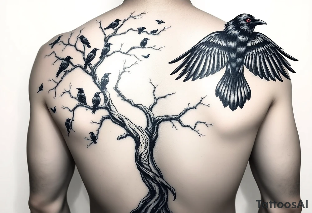 Gothic full-back tattoo starting at lower spine: a twisted, aged tree growing to mid-back. Ravens perched within branches and flying upward. Birds start smaller in the tree and gradually increase slightly in size as they move away. Some ravens wrap organically around the right shoulder and upper arm. A main focal raven sits on the right shoulder, slightly larger, highly detailed, wings in motion, with one glowing red eye (only color). Style is black and grey realism with gothic tone, elegant flow, and body-contouring composition. tattoo idea
