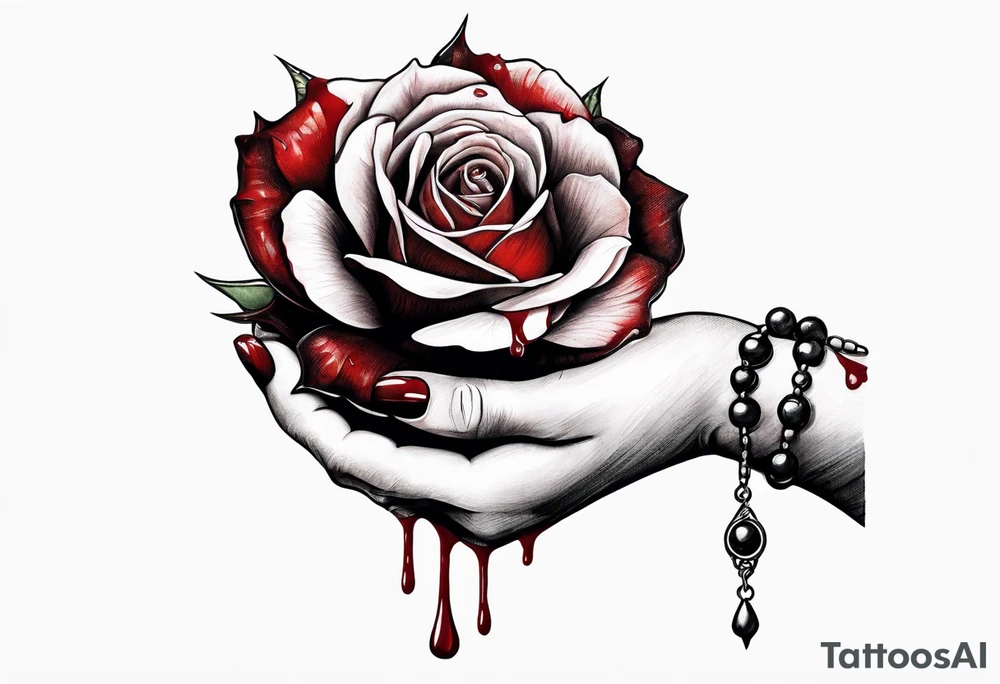 Feminine hand holding a rose with blood dripping down the hand from the thorns with 3 hanging rosary beads. tattoo idea