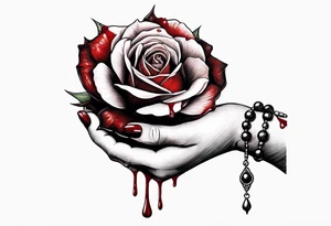 Feminine hand holding a rose with blood dripping down the hand from the thorns with 3 hanging rosary beads. tattoo idea