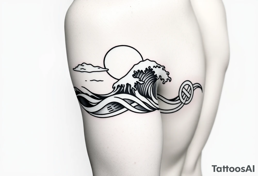 Wrap-around tattoo design, black and white, forearm placement. Continuous flowing band divided into three thematic sections that merge smoothly: sky with moon, stylized sea wave, Norse knotwork ornament. Each section wraps around the arm but transitions seamlessly into the next. Elegant, mythological marine style, line art with high contrast, stencil-ready. tattoo idea