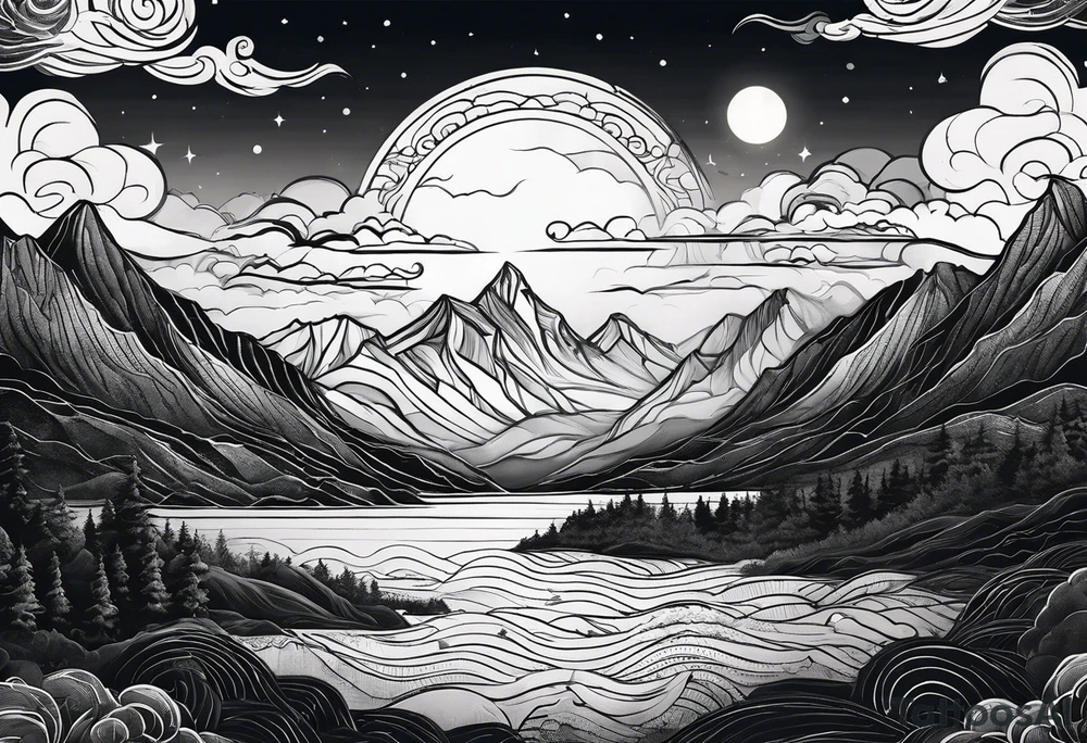 Mountain Range coming Out of the sea and Clouds. Sunrise in Front of it. Half moon and night Sky above the Mountains. tattoo idea