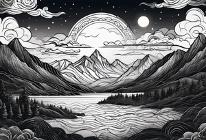Mountain Range coming Out of the sea and Clouds. Sunrise in Front of it. Half moon and night Sky above the Mountains. tattoo idea