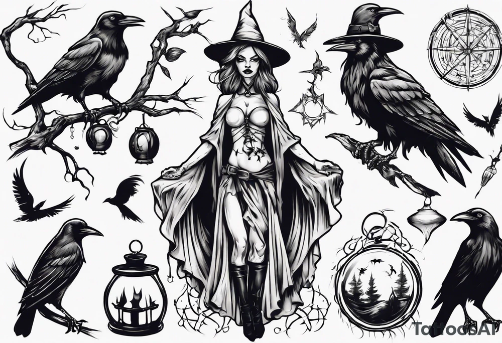 witch with crows tattoo idea