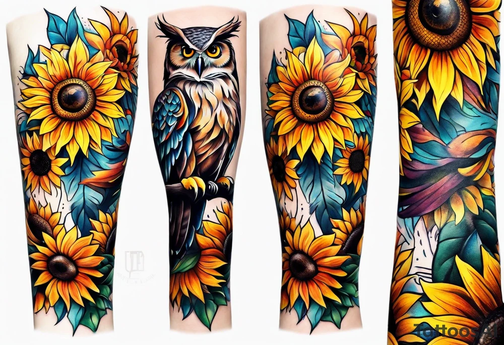 Leg sleeve with colorful sunflowers and an owl tattoo idea