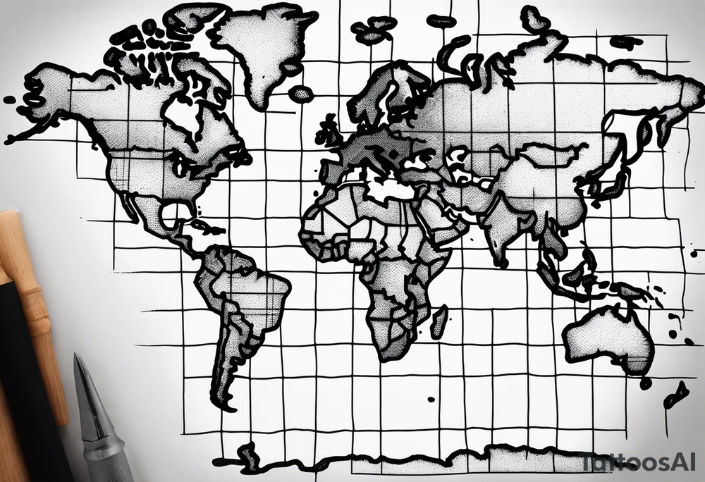 a flat map of the earth on a small fading grid with one small compass in the corner that would go on a left pec tattoo idea