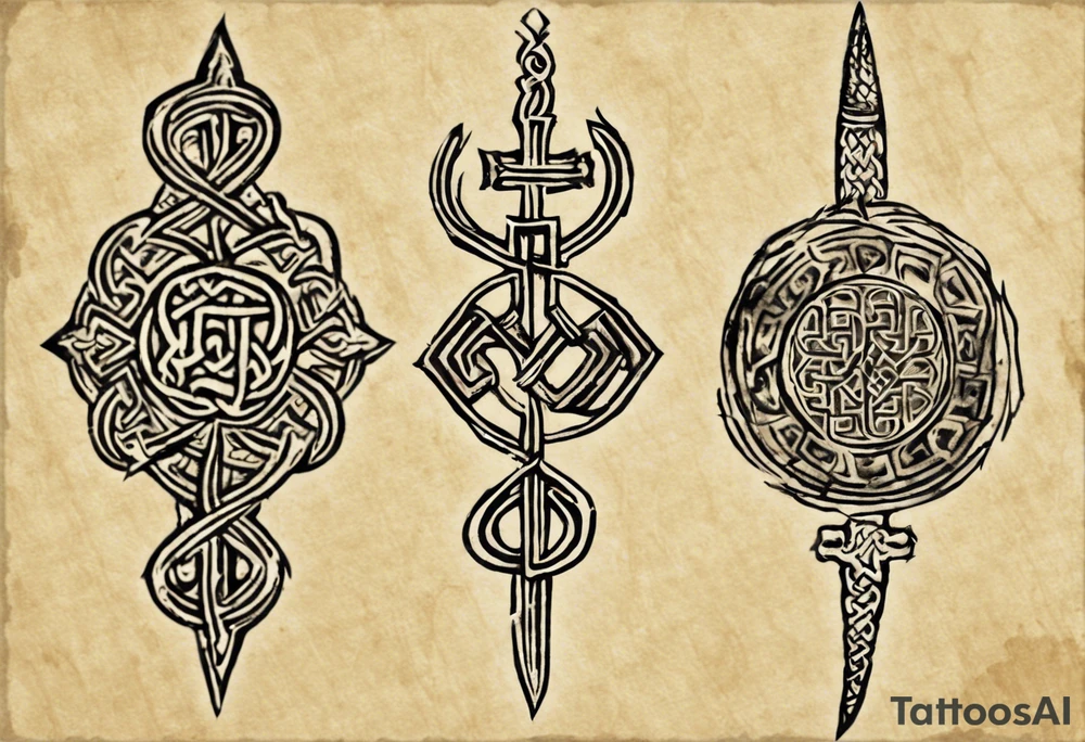 On the left peck I want the Hindu symbol Kirtimukha and then one of its fangs goes in a curvy way down my left shoulder to the inside of my bicep. The inside of the bicep has a dagger and the handle of the dagger is the Buddhist symbol "Endless Knot". The "Endless Knot" and the Kirtimukha are connected by Kirtimukhas fang tattoo idea
