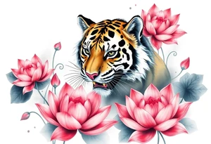 fierce tiger emerging through blooming lotus flowers in mist tattoo idea