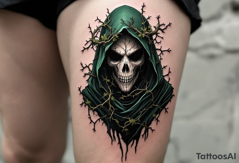Plague Doctor with Thorned Vines – A mysterious figure cloaked in dark green and black, with thorny vines creeping over the robe and mask, symbolizing death and rebirth. The mask is cracked, with moss growing in its crevices. tattoo idea