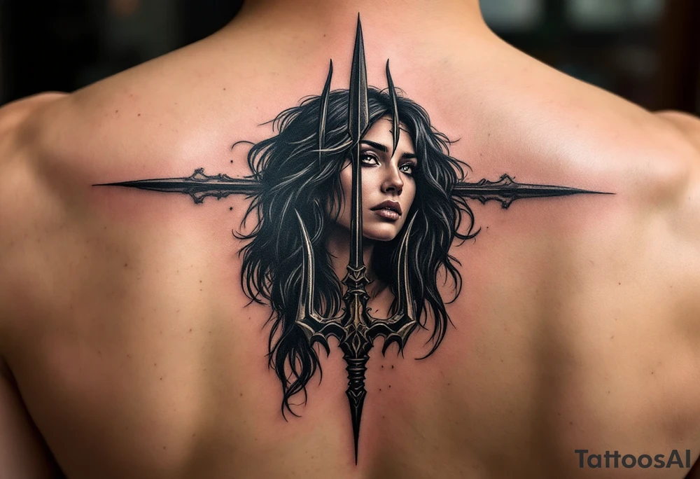 american indian woman face with black hair behind trident tattoo idea