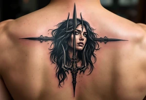 american indian woman face with black hair behind trident tattoo idea