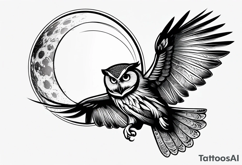 Crescent moon side profile of owl flying tattoo idea