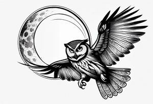 Crescent moon side profile of owl flying tattoo idea