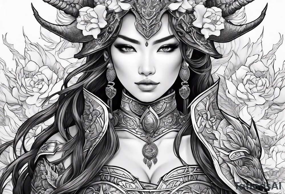 beautiful warrior woman wearing dragon armor and a floral background tattoo idea
