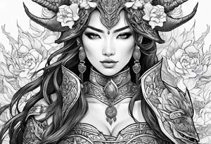beautiful warrior woman wearing dragon armor and a floral background tattoo idea