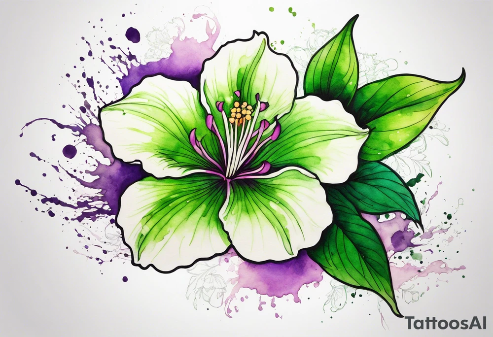 An outline of a green rio dipladenia flower and a green/purple watercolor splash in the background tattoo idea