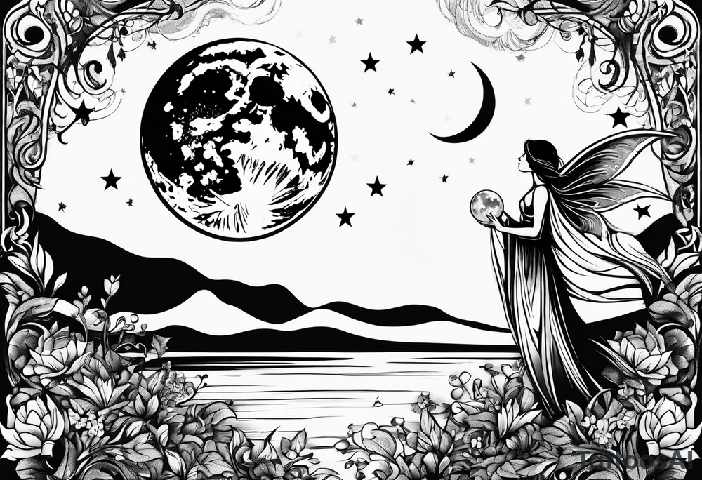 man asking the moon for a fairy to appear tattoo idea