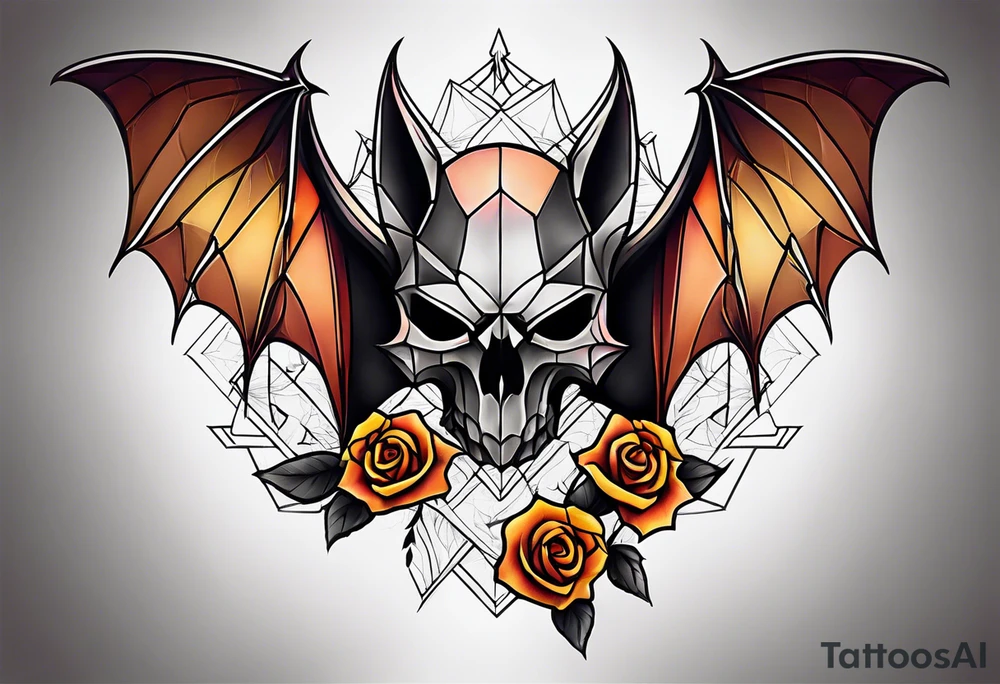 blackwork  Bat Knee tattoo in fall colors showing a large skull with a rose in the style tattoo idea