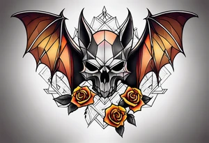 blackwork  Bat Knee tattoo in fall colors showing a large skull with a rose in the style tattoo idea
