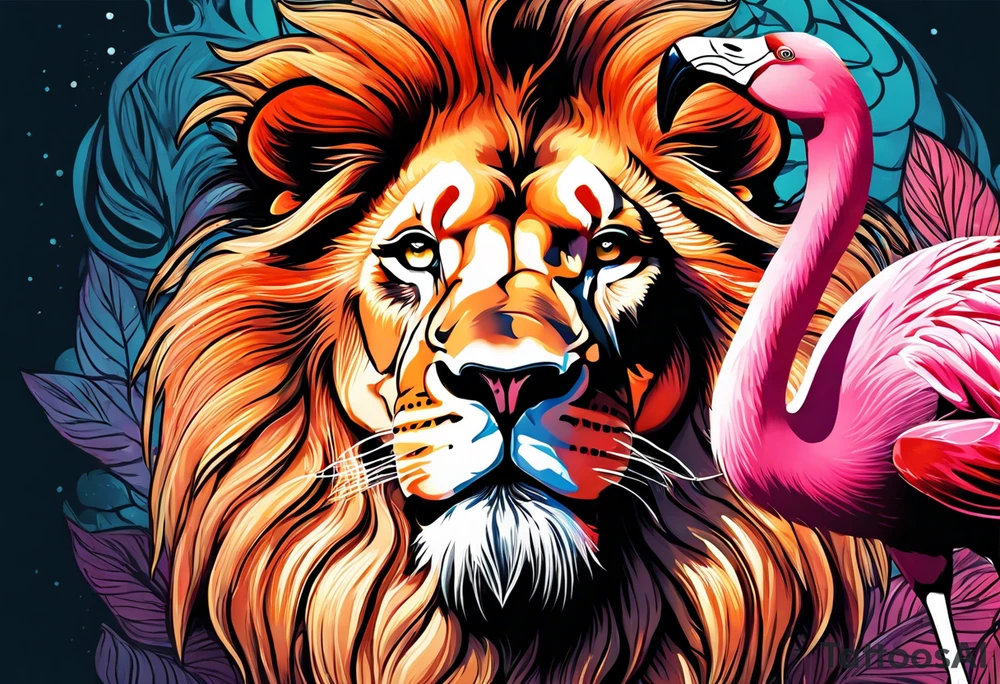 powerful majestic lion, eating a flamingo tattoo idea