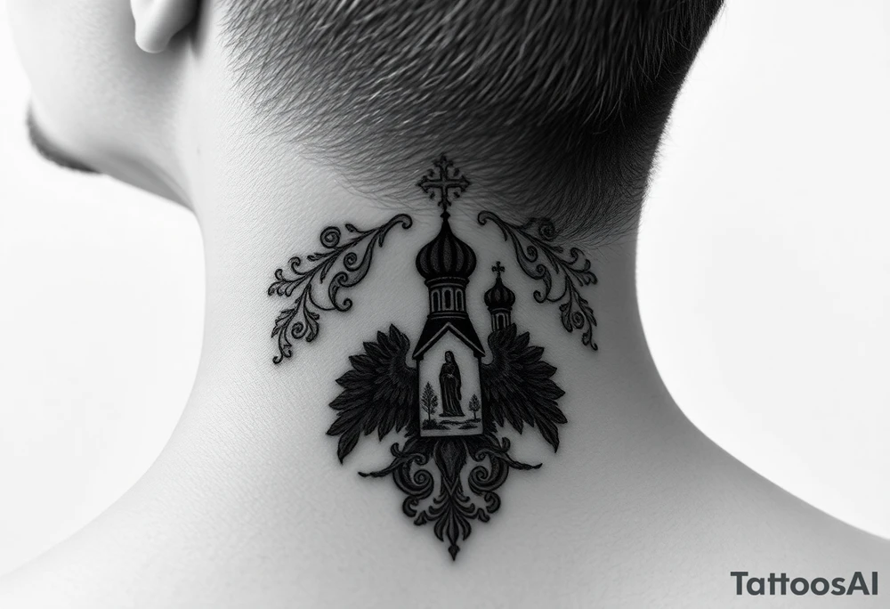 Traditional authentic Russian coat of arms with a Christian orthodox virgin marry in the middle and silhouette in a Russian wilderness Christian orthodoxy dome church village setting on the side of my neck tattoo idea