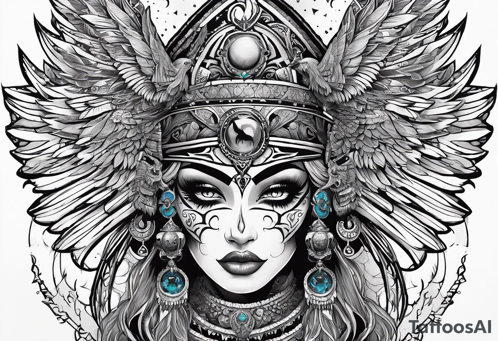 black kali, goddess pirate, alien, pachamama, valkrye, warrior, skull, lotus azul, wing, eagle, zenza resonance, stars, one side chest tattoo idea