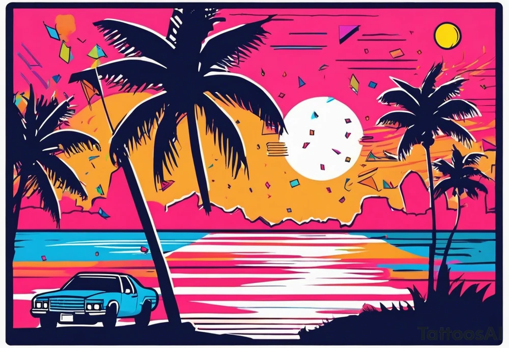 1980's miami vice style beach dance 
party, include confetti, music notes, boom box, bikinis sunset in the center tattoo idea