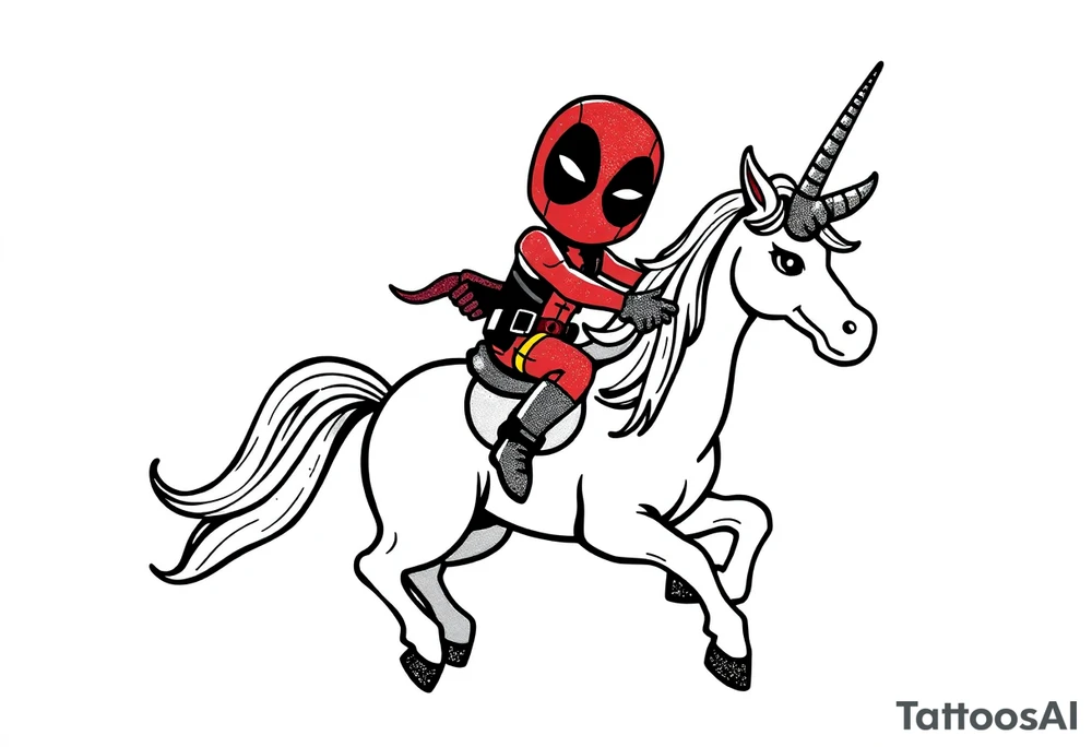 Silly glittery Deadpool riding unicorn with arm in the air tattoo idea