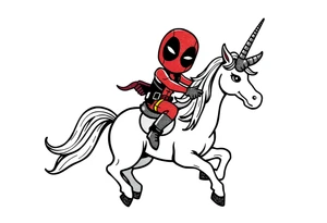 Silly glittery Deadpool riding unicorn with arm in the air tattoo idea