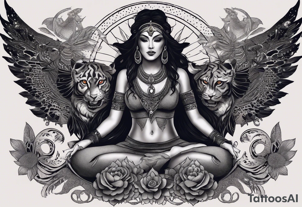 black kali, goddess pirate, alien, angel, pachamama, valkrye, warrior, flying, skull, lotus azul, wing, eagle, zenza resonance, stars, 5D, anahata chakra, death, durga, riding on a tiger, flying lady, kundalini, chest tatoo, samuri, rebel,s erpent tattoo idea