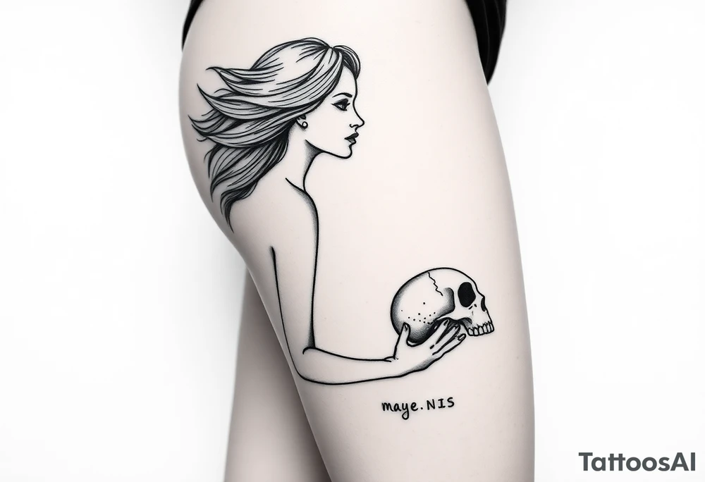 Woman in profile with hair blowing in a wind holding a skull.  Viking runes in the background tattoo idea