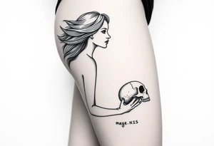 Woman in profile with hair blowing in a wind holding a skull.  Viking runes in the background tattoo idea