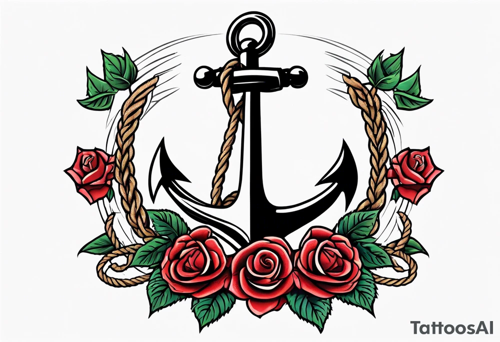 old school anchor sitting at an angle 
with rope 
and banner across anchor and old school roses tattoo idea