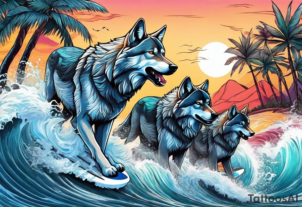 a pack muscular of gray wolves surfing with a tropical background tattoo idea