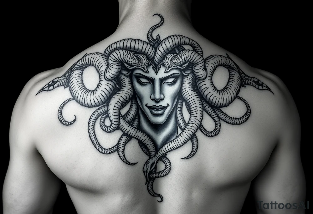 A Beautiful Medusa chest peice with her snake hair reaching my arms and shoulder. Black and white, realistic tattoo idea